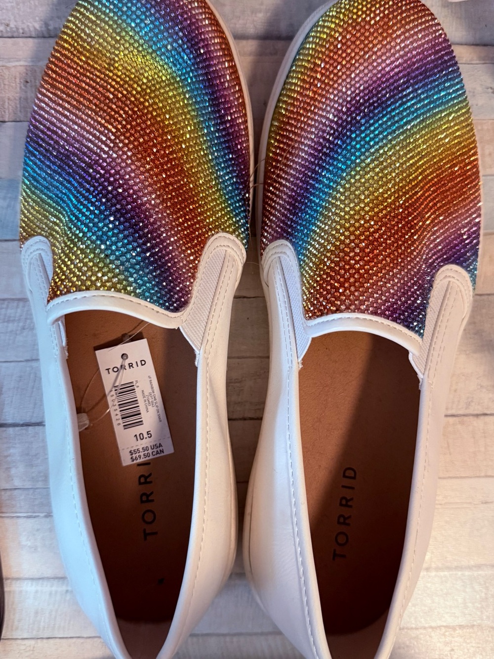 torrid White Slip-On Flats with Rainbow Rhinestones